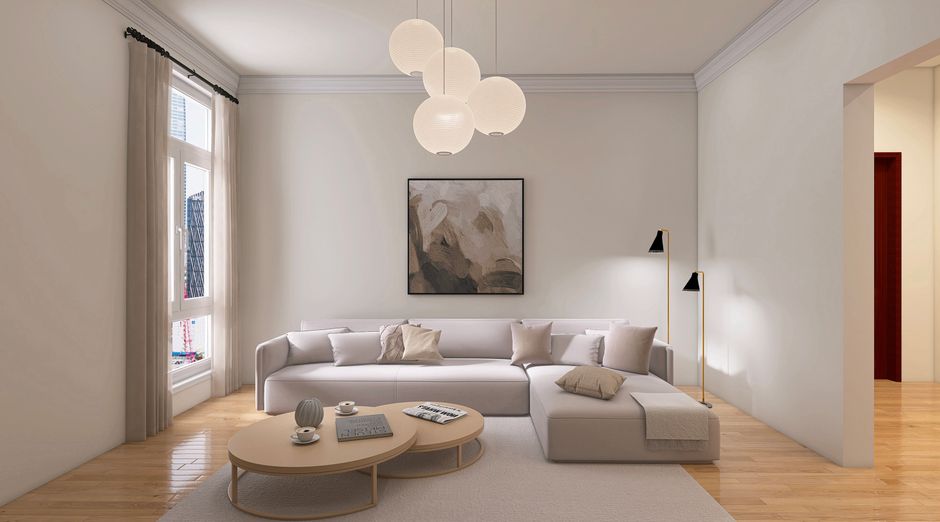 Strak witte woonkamer met subtiel blauwe decoraties. Strak witte woonkamer met subtiel blauwe decoraties.
