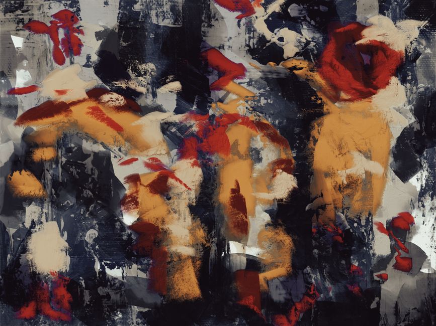 Zwart-wit schilderij met warme herfstkleuren. Zwart-wit schilderij met warme herfstkleuren.